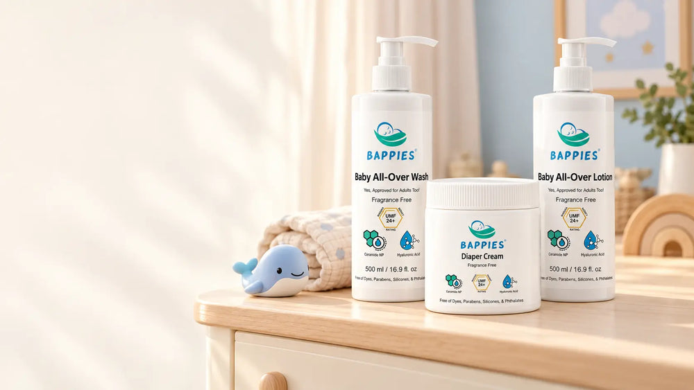 Bappies wash, lotion, and diaper cream in a cozy nursery