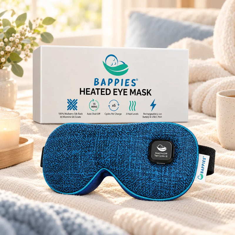 Bappies blue heated eye mask styled with soft cream linen